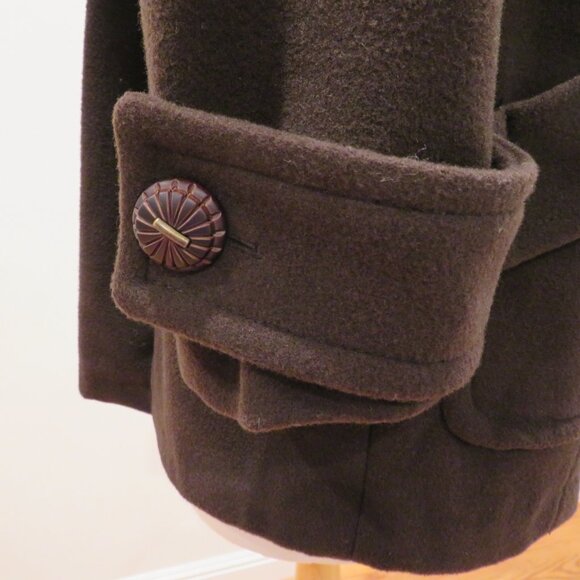 Women Medium Brown Wool Blend Coat Zara Basic Short Structured Invert Box Pleats - Picture 7 of 16